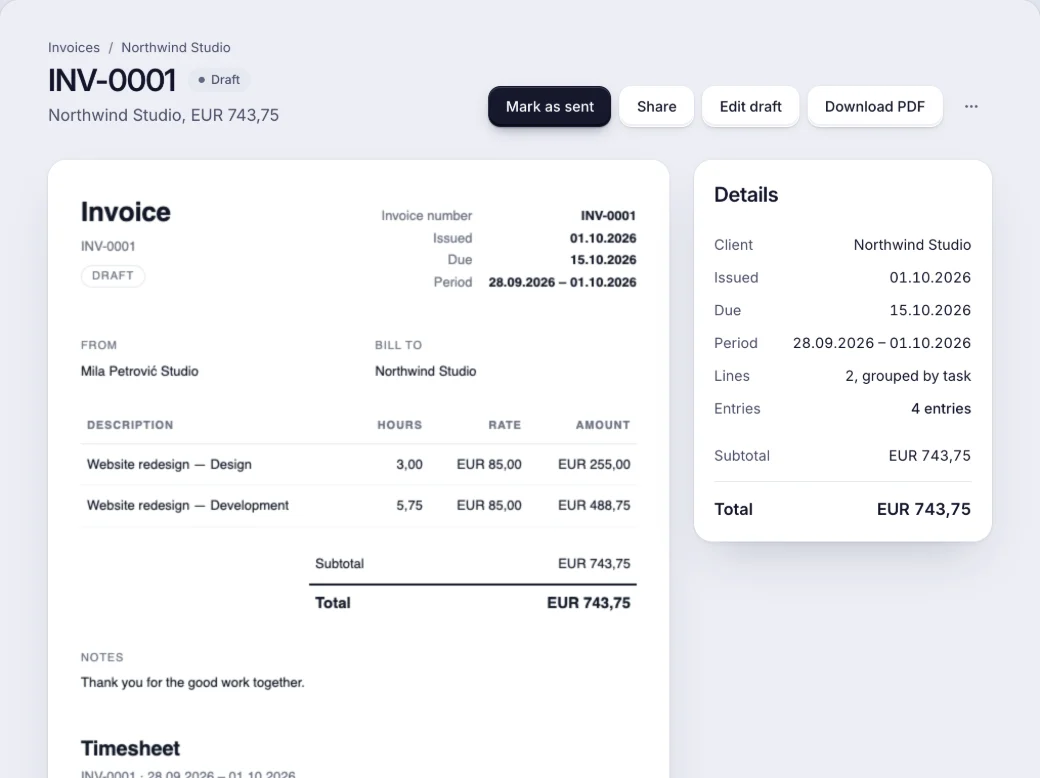 Konsola invoice INV-0001, made from four tracked entries, with task lines and a total of EUR 743.75